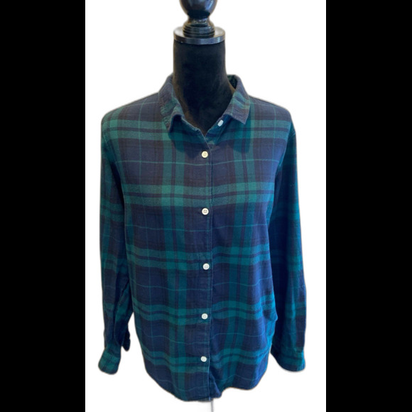 Woman’s Old Navy Flannel Shirt Plus Size XL 100% Cotton Navy Blue Green Plaid - Picture 1 of 10